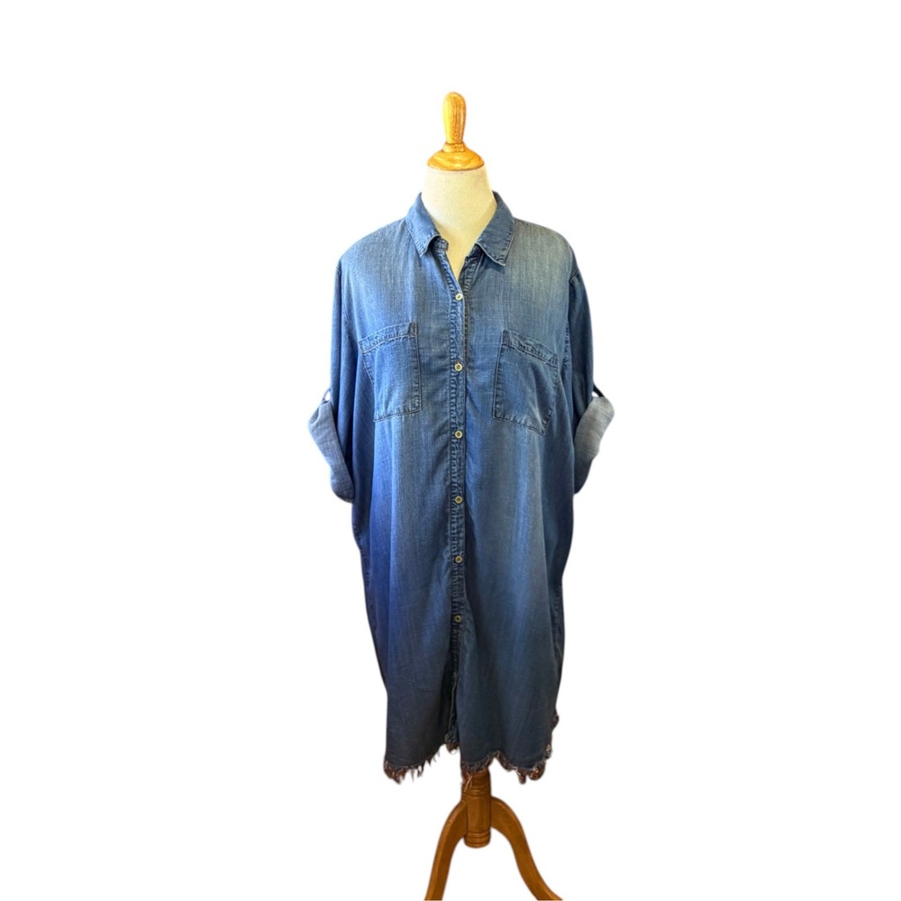 Chelsea & Theodore Blue Tencel Lyocell Roll Tab Shirt Dress 3X Frayed Hem